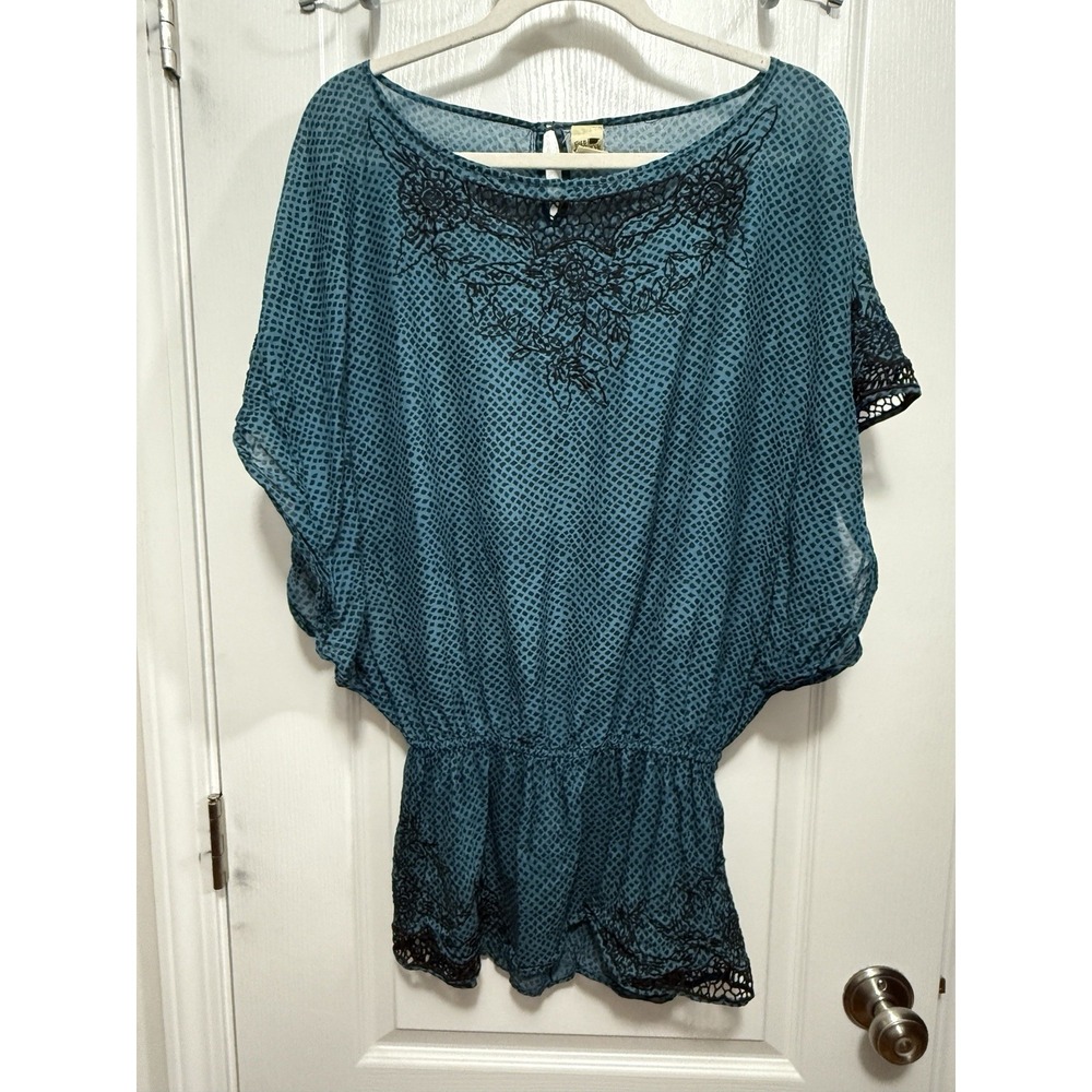 Free People Tunic Mini Dress Women's XS Embroidered Crochet Lace Teal Black Boho